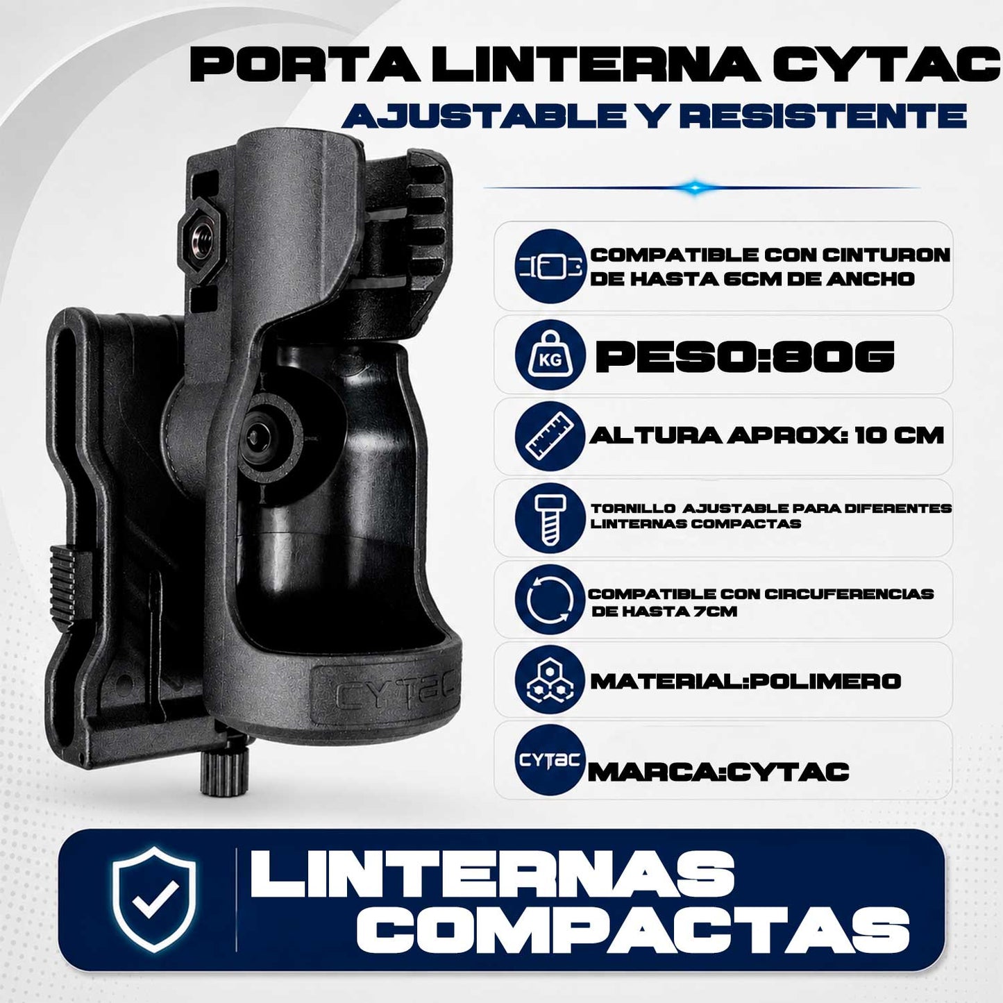 Porta linterna CYTAC se muestra de forma lateral, permitiendo apreciar su estructura de polímero, el soporte para cinturón y su sistema de ajuste.