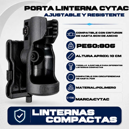 Porta linterna CYTAC se muestra de forma lateral, permitiendo apreciar su estructura de polímero, el soporte para cinturón y su sistema de ajuste.