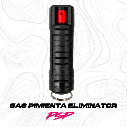 Se muestra gas PSP Eliminator de forma central, resaltando su cuerpo compacto, textura antideslizante y diseño ergonómico para un agarre firme con una sola mano.