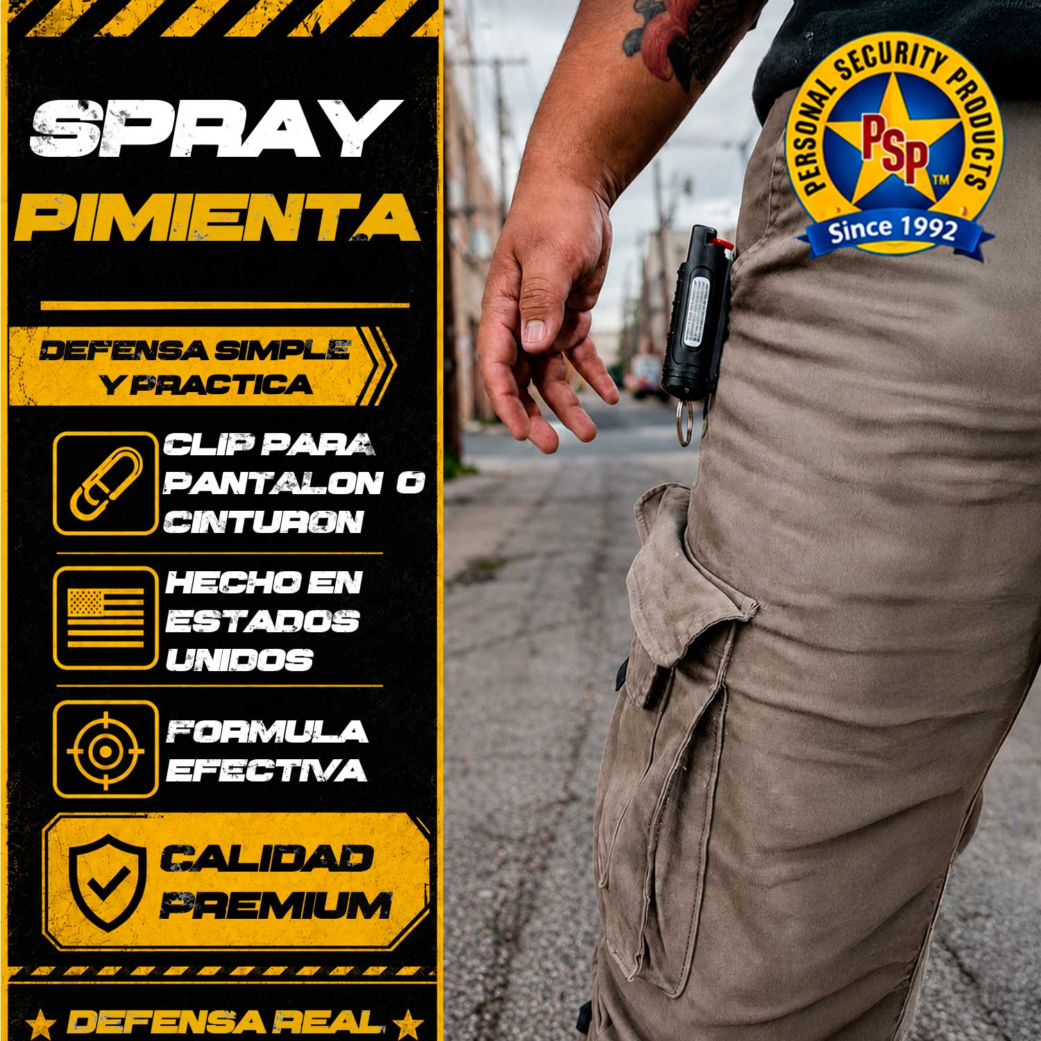 Se muestra gas PSP Eliminator con clip para pantalón o cinturón, destacando su facilidad de transporte y su diseño discreto para uso cotidiano.
