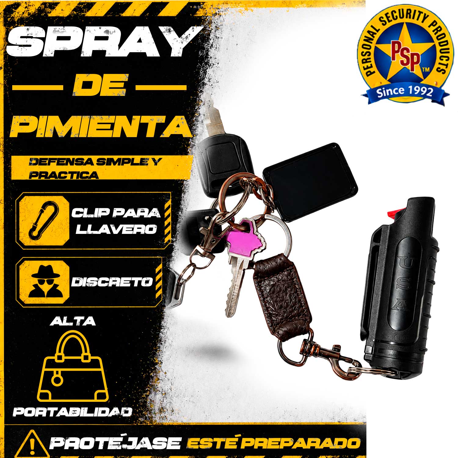 Se muestra gas PSP Eliminator con clip para llaves, diseñado para sujetarse fácilmente al llavero y llevarlo siempre al alcance durante actividades diarias.