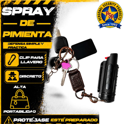 Se muestra gas PSP Eliminator con clip para llaves, diseñado para sujetarse fácilmente al llavero y llevarlo siempre al alcance durante actividades diarias.