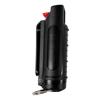 Spray Gas Pimienta Lacrimogeno Se muestra gas PSP Eliminator en vista lateral, destacando su diseño compacto, clip integrado y formato práctico para llevar en llavero, bolso, mochila o cinturón.
