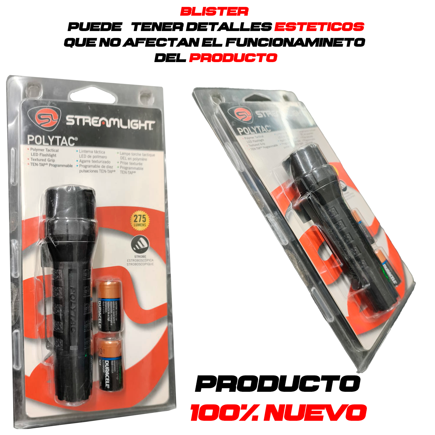 Linterna Streamlight PolyTac se muestra el empaque del producto 