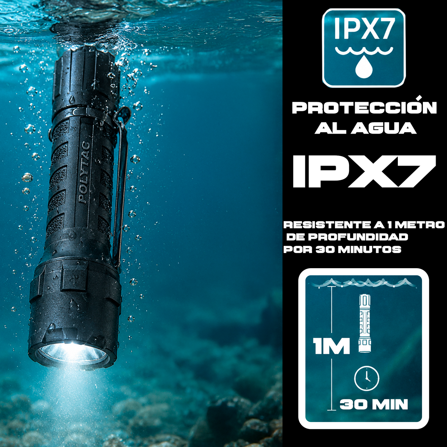 Linterna Streamlight PolyTac se muestra sobre superficie mojada resaltando su construcción preparada para ambientes difíciles y uso rudo. 💧