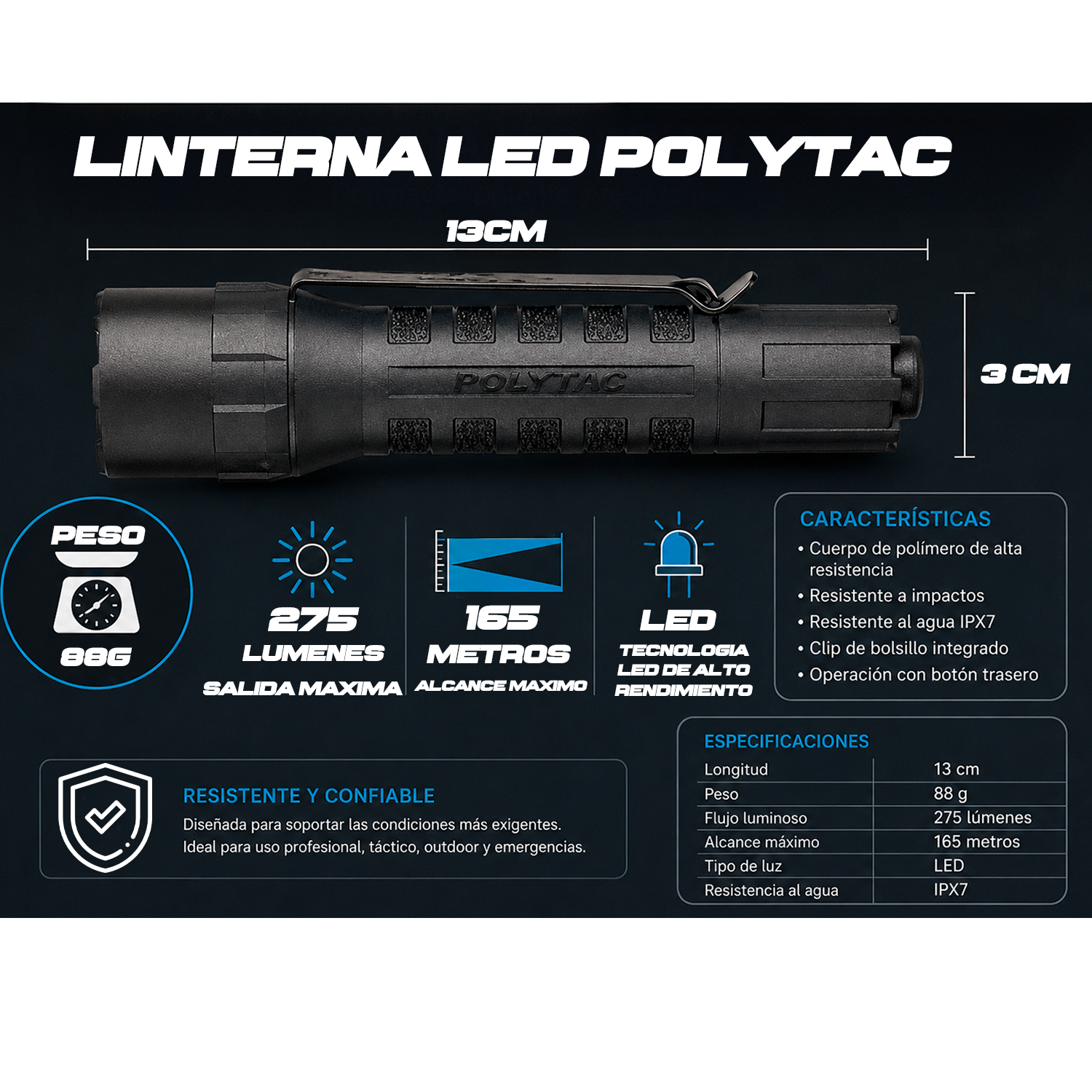 Linterna Streamlight PolyTac se aprecia en primer plano resaltando su textura antiderrapante y agarre seguro para uso táctico y profesional.