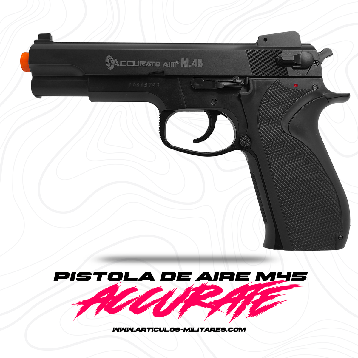 Se muestra pistola M45 ENFORCER en vista lateral, donde se pueden apreciar sus controles y acabados.