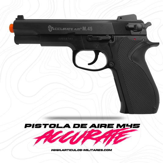Se muestra pistola M45 ENFORCER en vista lateral, donde se pueden apreciar sus controles y acabados.