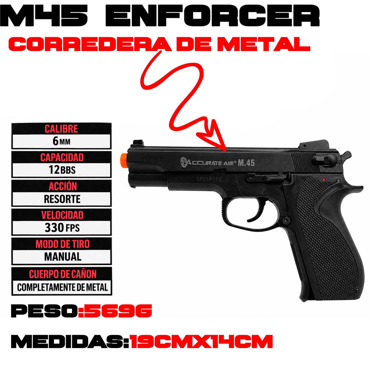 Se muestra pistola M45 ENFORCER de perfil, apreciando sus detalles y acabado en color negro
