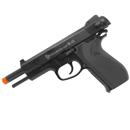 Se muestra pistola M45 ENFORCER con el mecanismo de corredera, destacando sus detalles de construcción.