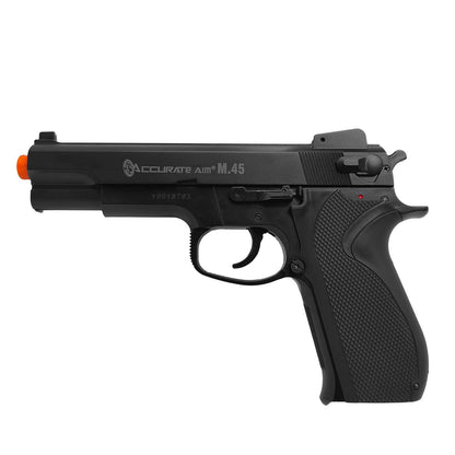 Se muestra pistola M45 ENFORCER en detalle, apreciando su empuñadura texturizada para un mejor agarre.