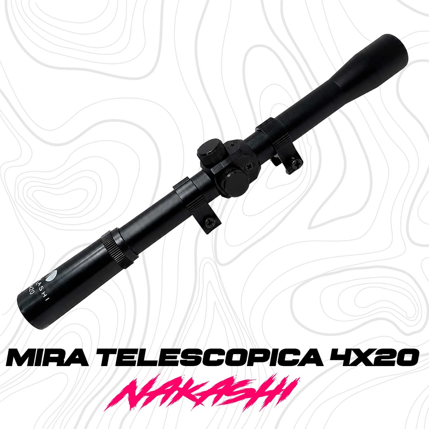 Mira telescópica 4x20 Nakashi se muestra de forma lateral, permitiendo apreciar su diseño alargado, cuerpo de aluminio en color negro