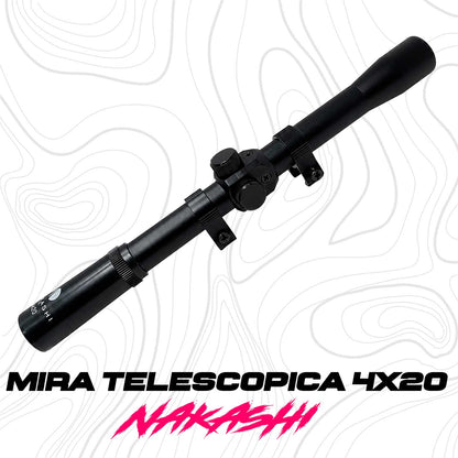 Mira telescópica 4x20 Nakashi se muestra de forma lateral, permitiendo apreciar su diseño alargado, cuerpo de aluminio en color negro
