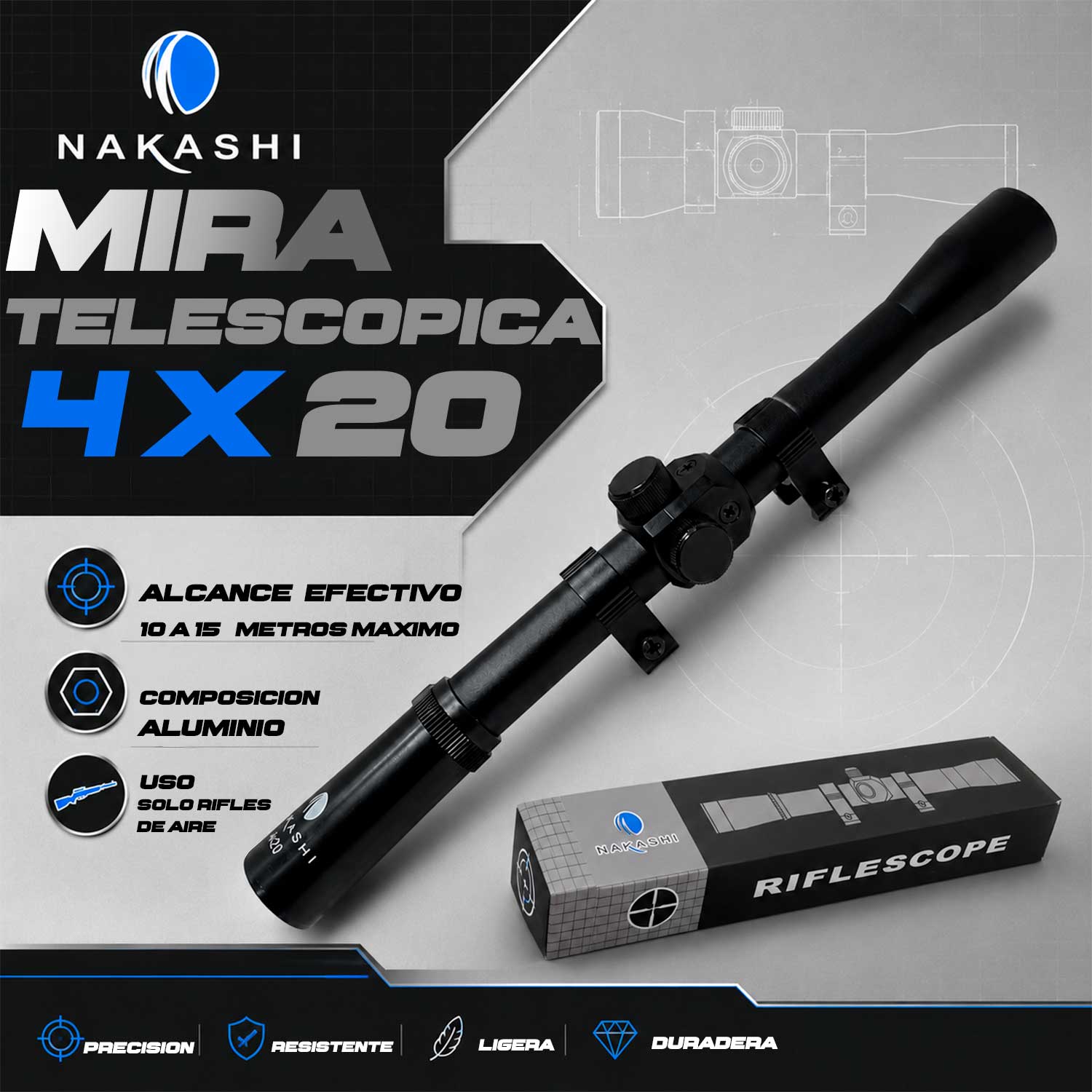 Mira telescópica 4x20 Nakashi se muestra en imagen informativa con sus principales características, destacando alcance efectivo aproximado de 10 a 15 metros, cuerpo de aluminio, peso de 94 g y medidas de 27 cm x 3 cm.