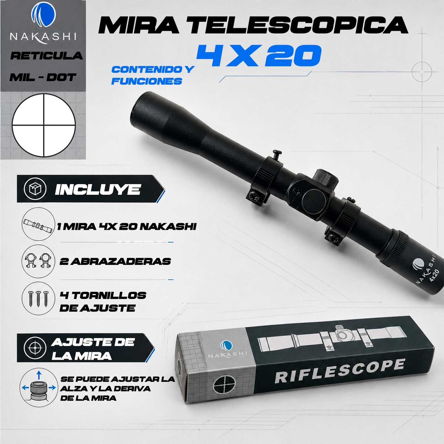 Mira telescópica 4x20 Nakashi se muestra junto a todo el kit incluido: 1 mira 4x20, 2 abrazaderas de montaje y 4 tornillos de ajuste.