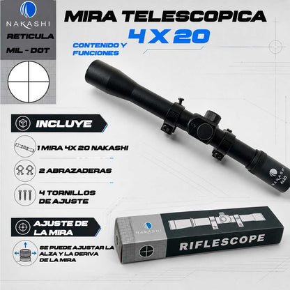 Mira telescópica 4x20 Nakashi se muestra junto a todo el kit incluido: 1 mira 4x20, 2 abrazaderas de montaje y 4 tornillos de ajuste.