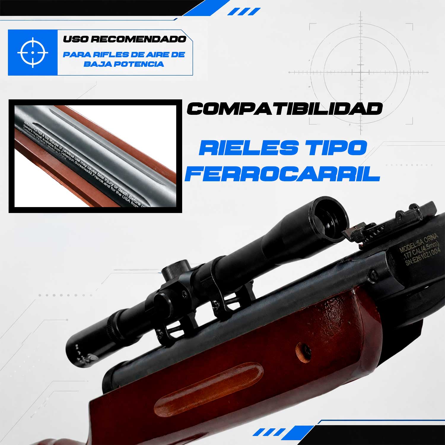 Mira telescópica 4x20 Nakashi se muestra instalada sobre un rifle de aire de baja potencia, destacando su diseño compacto en color negro y su montaje sobre riel sencillo tipo ferrocarril.