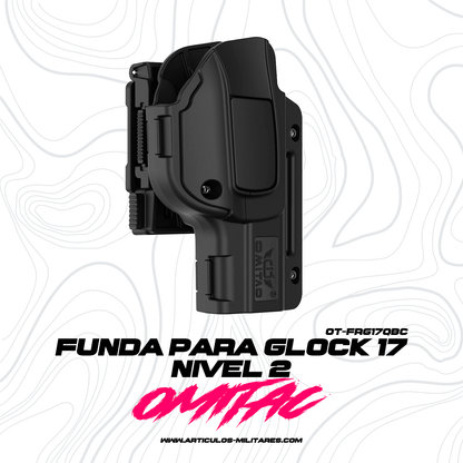 Funda para pistola Glock 17, 22 y 31 Omitac nivel 2 con clip de cinturón giratorio 360°, ideal para tiro deportivo y seguridad táctica.