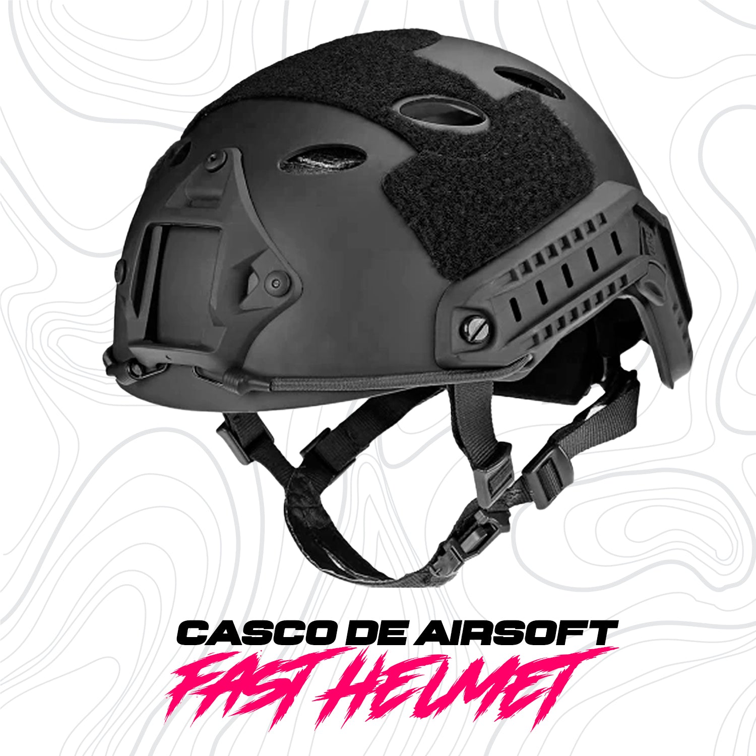 Casco Táctito Fast de Polímero Ligero Porta Accesorios en color negro con rieles laterales. Equipamiento ideal para Airsoft y actividades tácticas.