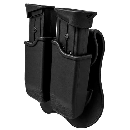 Se observa imagen con porta cargador  doble para pistolas 9mm y ambos cargadores puestos con otra vista puesta