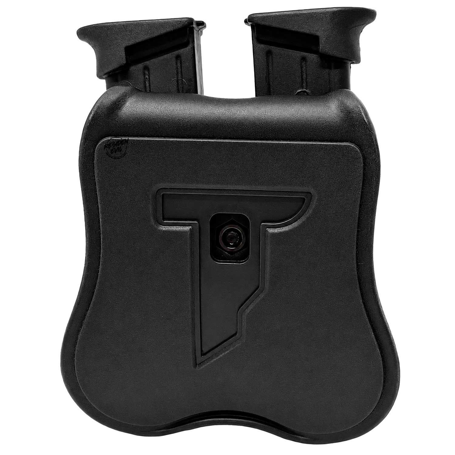 Se observa imagen con porta cargador  doble para pistolas 9mm y ambos cargadores al puestos una vista trasera