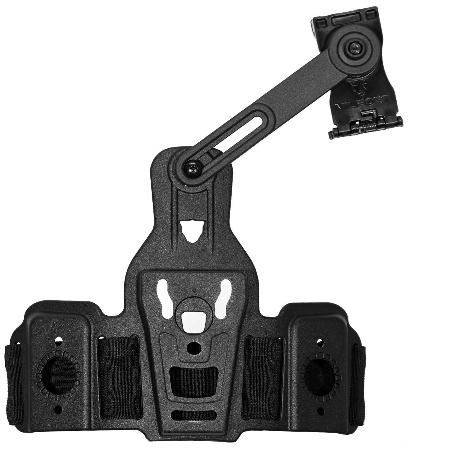 Piernera táctica G2 Milfort mostrada de frente, destacando su plataforma de polímero de alta resistencia y su diseño para instalar hasta tres accesorios Milfort.
