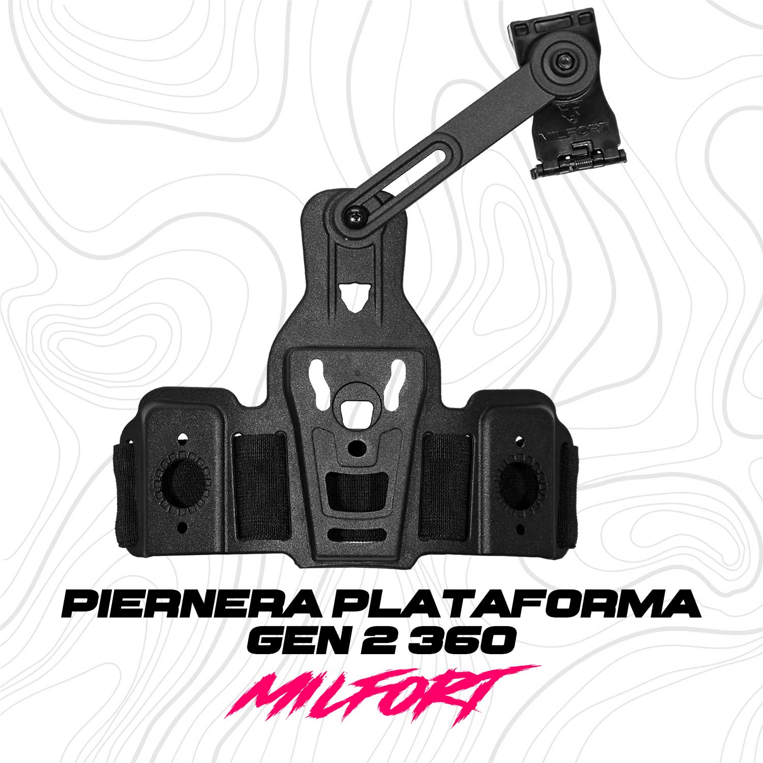 Piernera táctica G2 Milfort mostrada de frente, destacando su plataforma de polímero de alta resistencia y su diseño para instalar hasta tres accesorios Milfort.