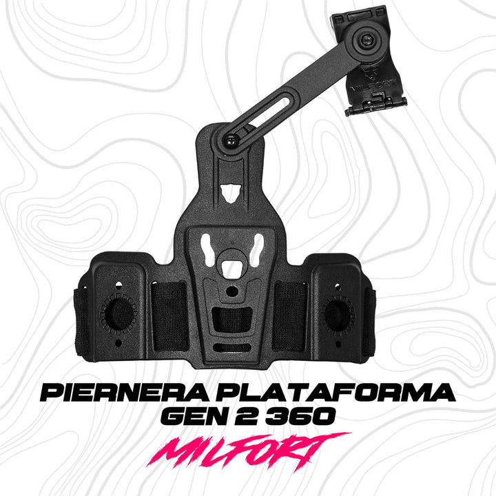Piernera táctica G2 Milfort mostrada de frente, destacando su plataforma de polímero de alta resistencia y su diseño para instalar hasta tres accesorios Milfort.