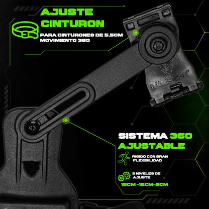 Piernera táctica G2 Milfort mostrando el gancho superior compatible con cinturones de hasta 5.5 cm de ancho.