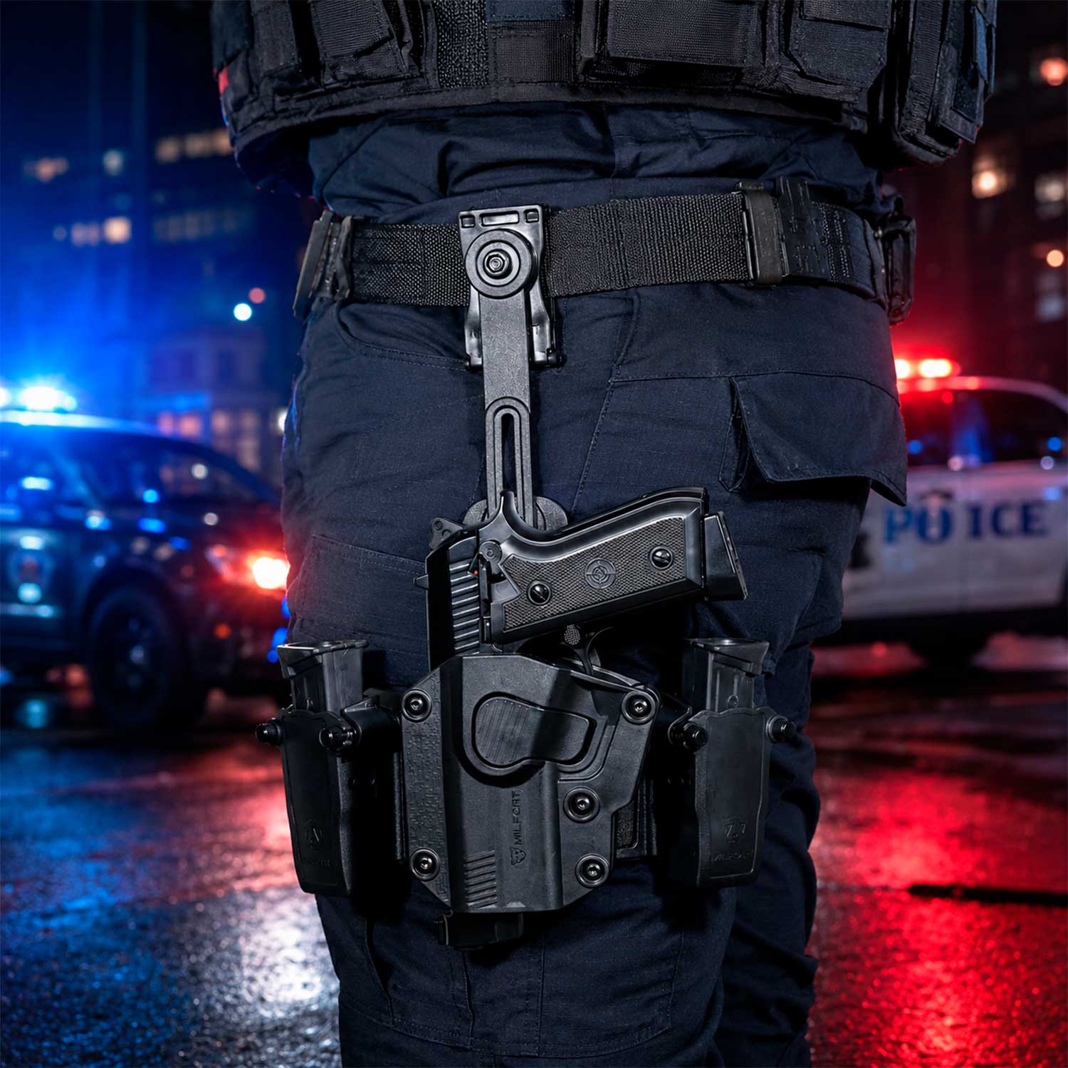Piernera táctica G2 Milfort colocada en un modelo con ropa táctica, mostrando su ajuste sobre la pierna y su posición durante el uso.