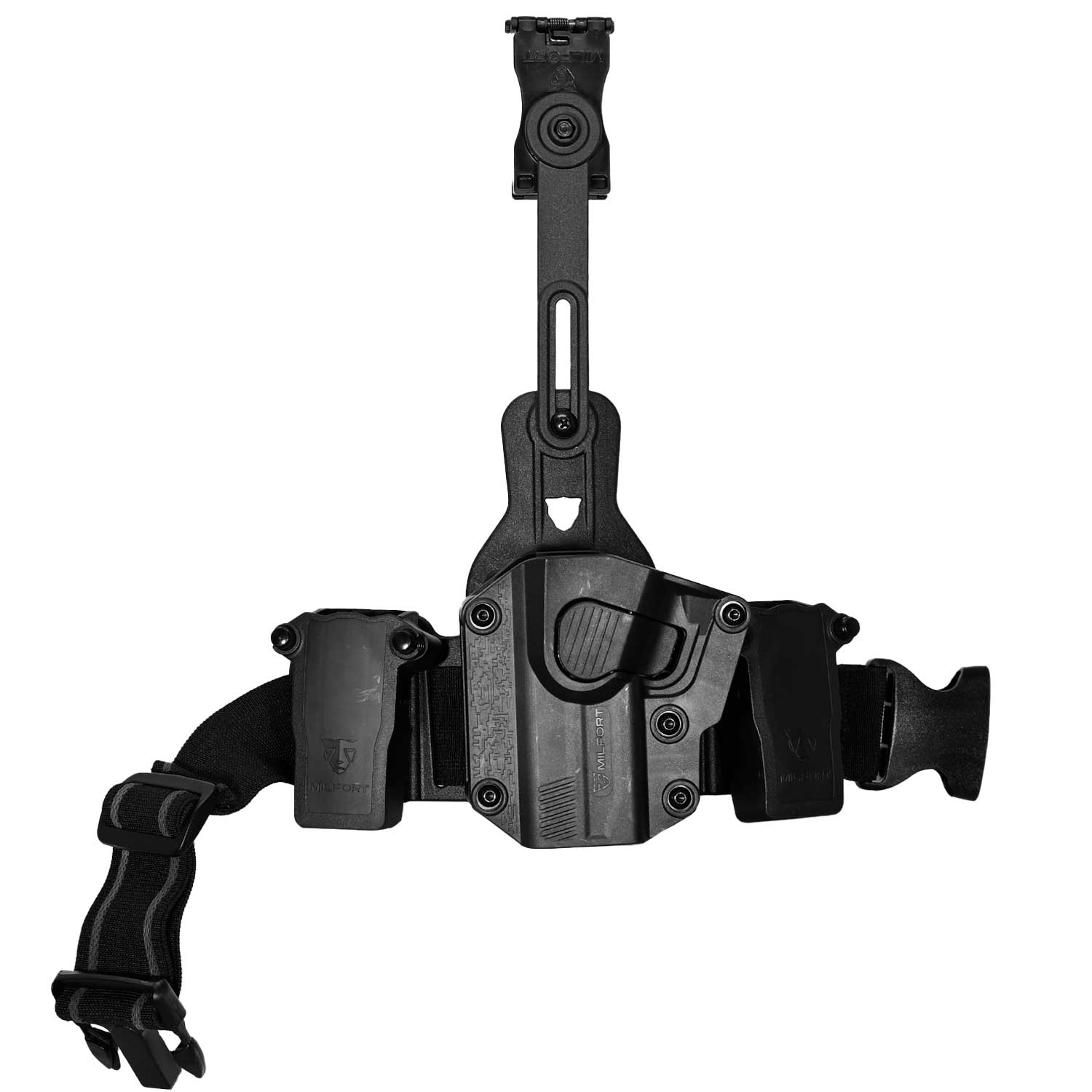 Piernera táctica G2 Milfort mostrando una configuración completa con accesorios Milfort instalados en sus tres puntos de montaje.