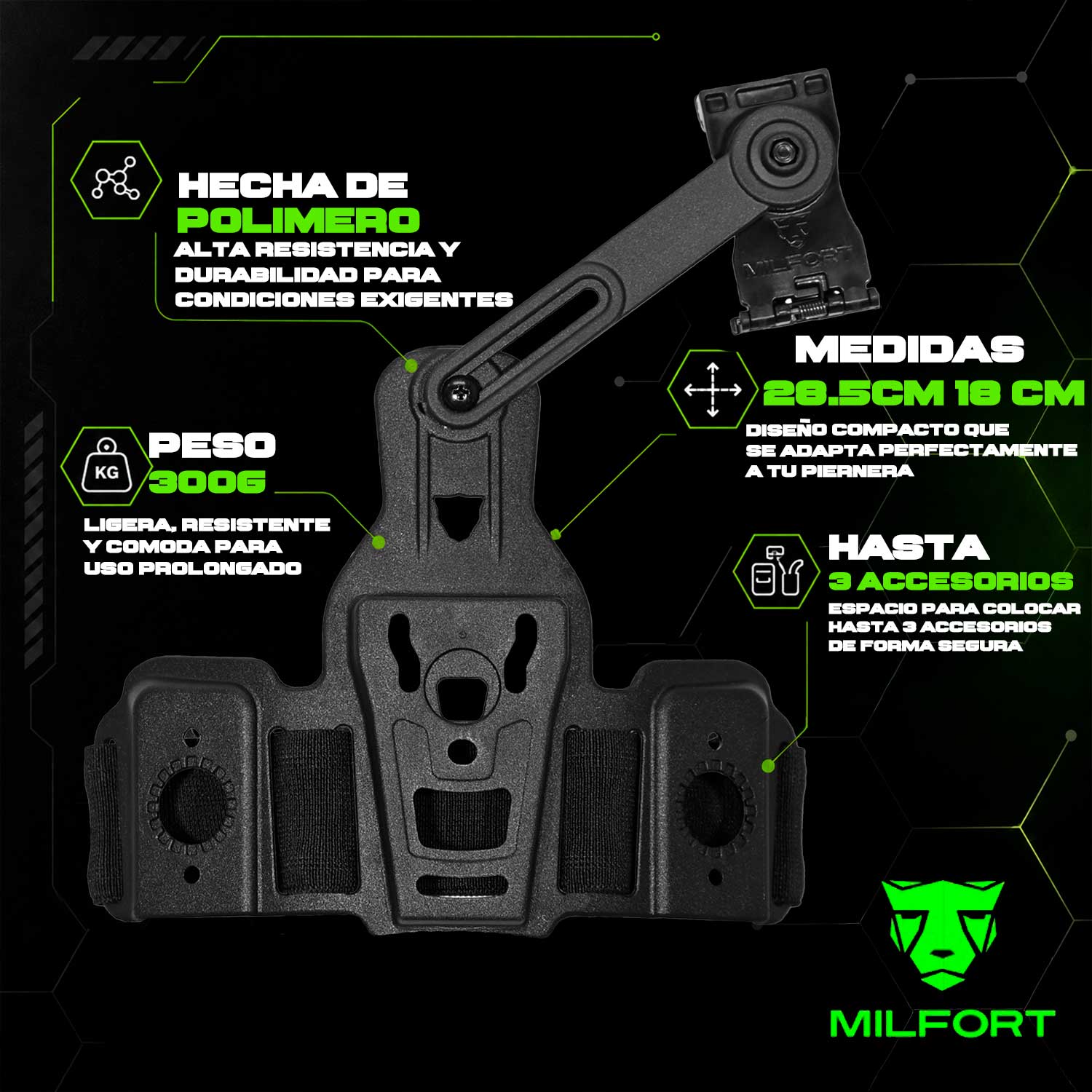 Piernera táctica G2 Milfort mostrando sus medidas de 28.5 x 18 cm y su peso aproximado de 300 g.