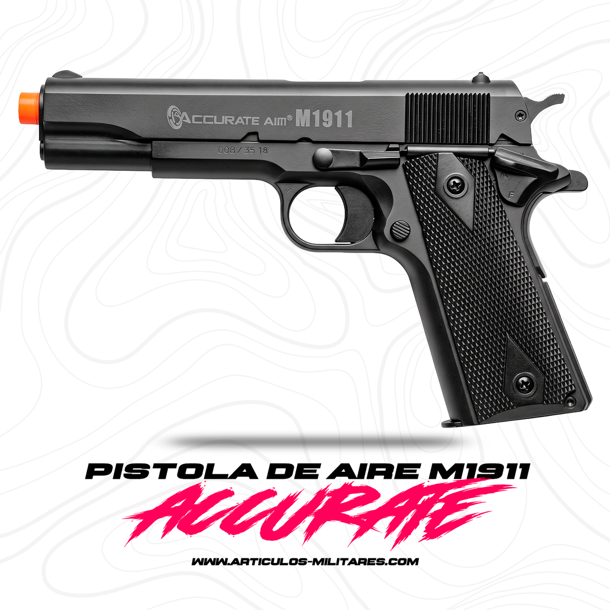 Se muestra pistola M45 ENFORCER de frente, destacando su diseño compacto y robusto.