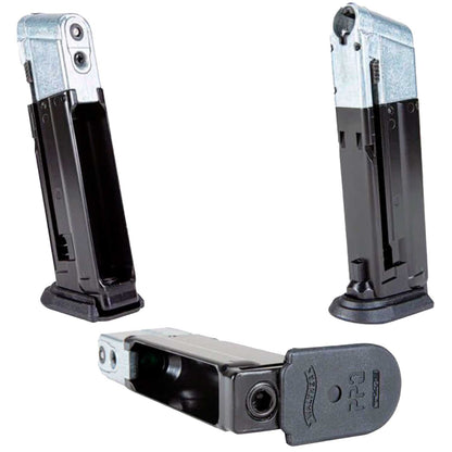 Pistola Walther PPQ T4E imagen del cargador y sistema de CO₂, mostrando el compartimento para cartucho de 12 gramos y su mecanismo interno.