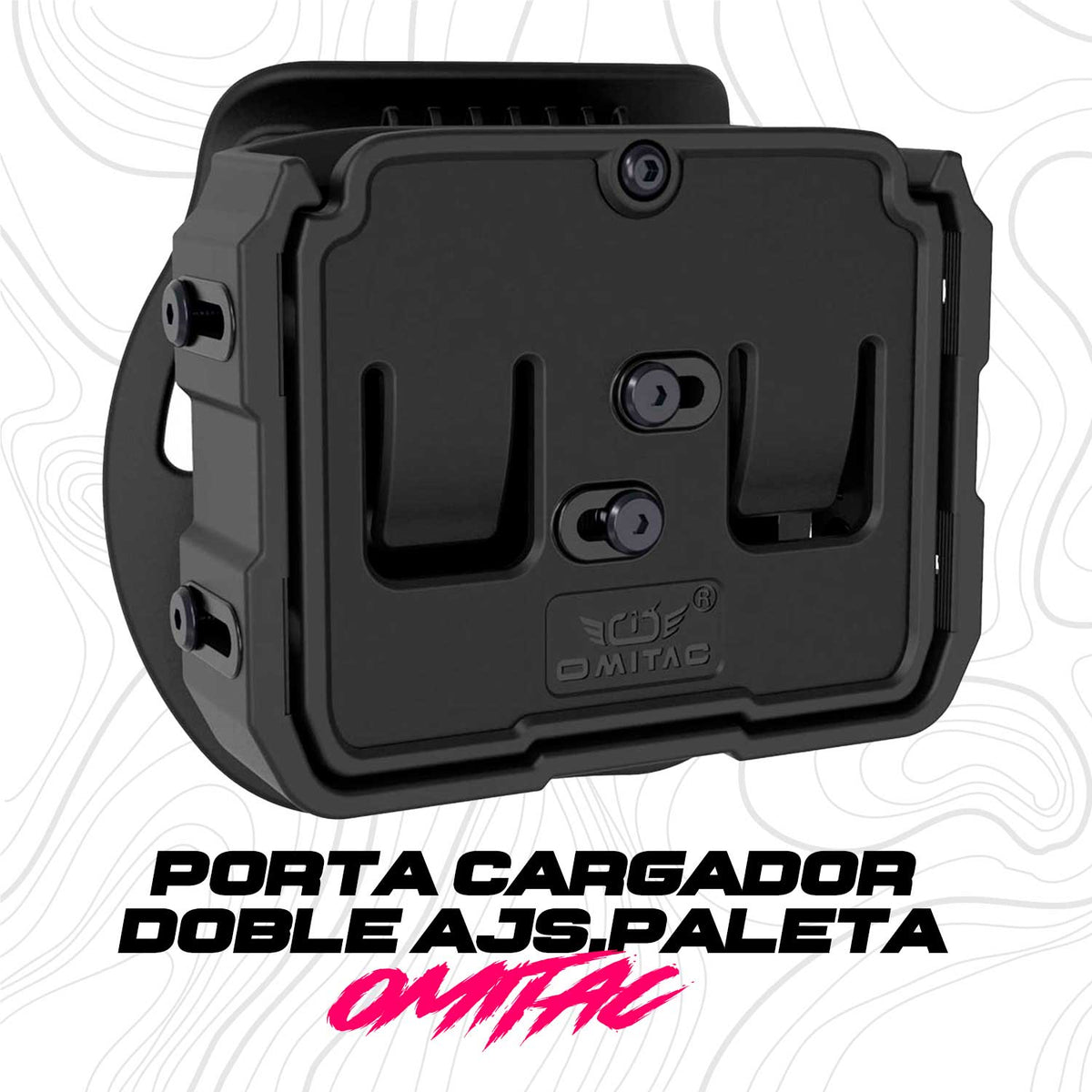 Se muestra Porta Cargador Doble Omitac en posición frontal, destacando su diseño compacto y funcional.