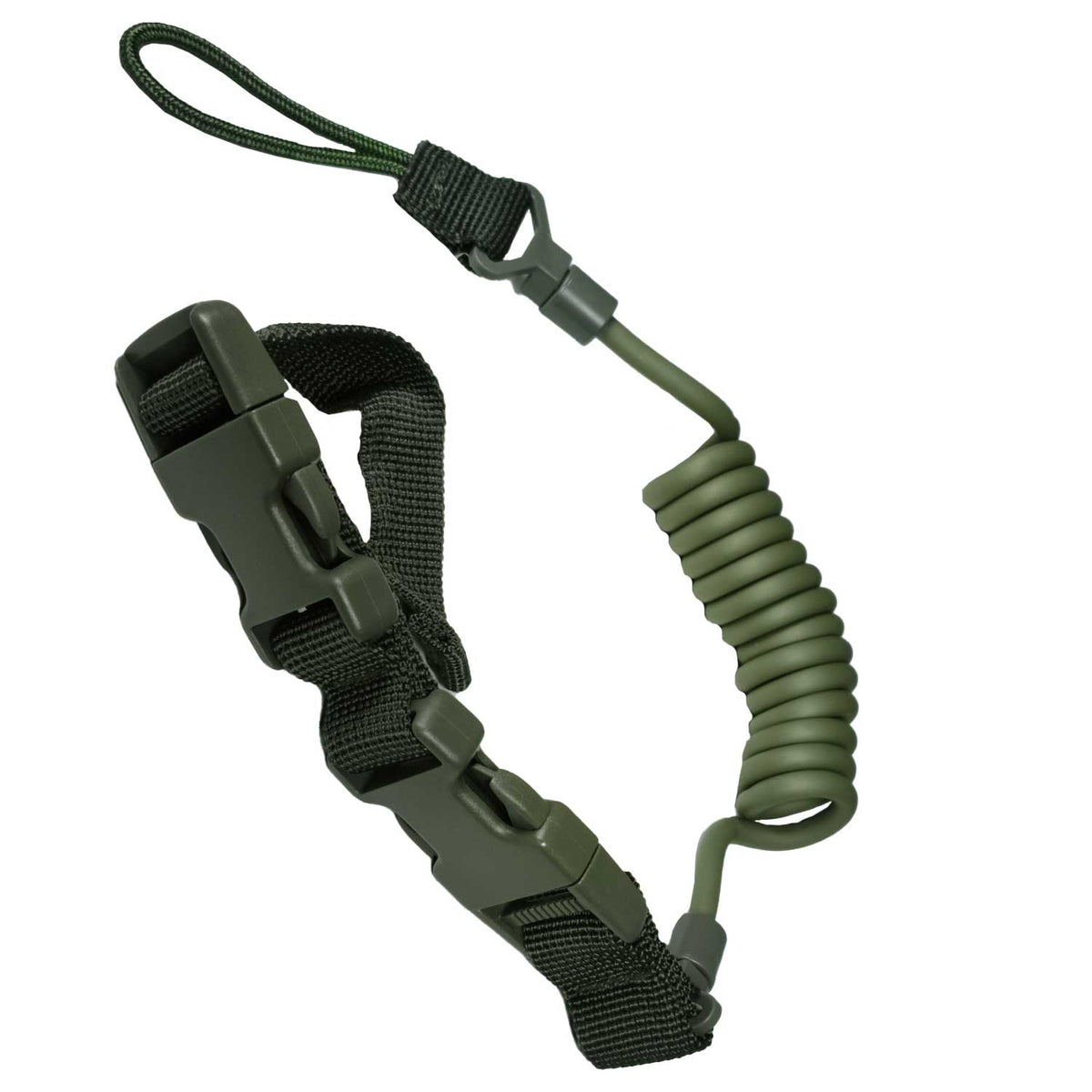 Se muestra RECUPERADOR DE PISTOLA OMITAC de perfil para observar el diseño de la correa elástica y sus broches.
