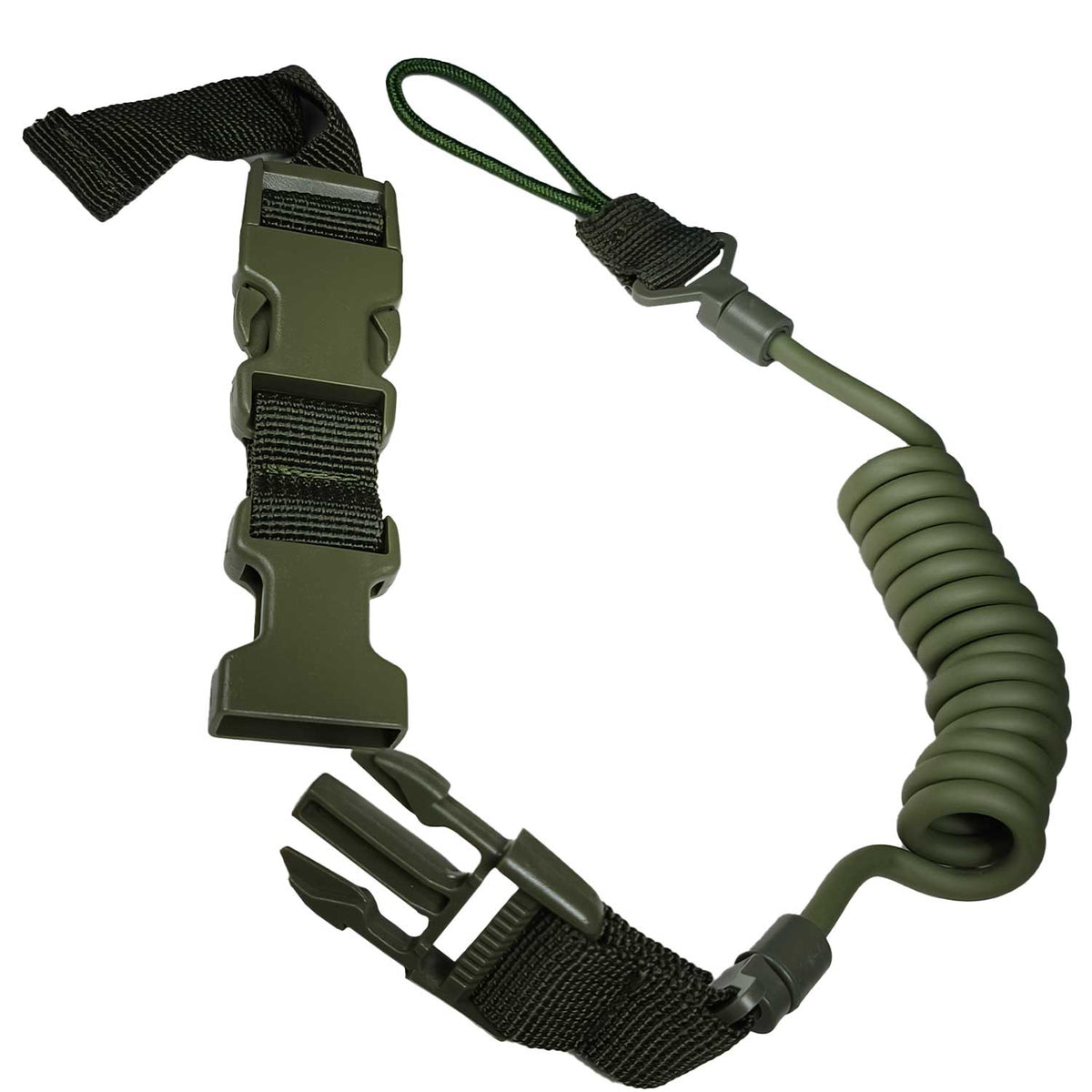 Se muestra RECUPERADOR DE PISTOLA OMITAC de perfil para observar el diseño de la correa elástica y sus broches