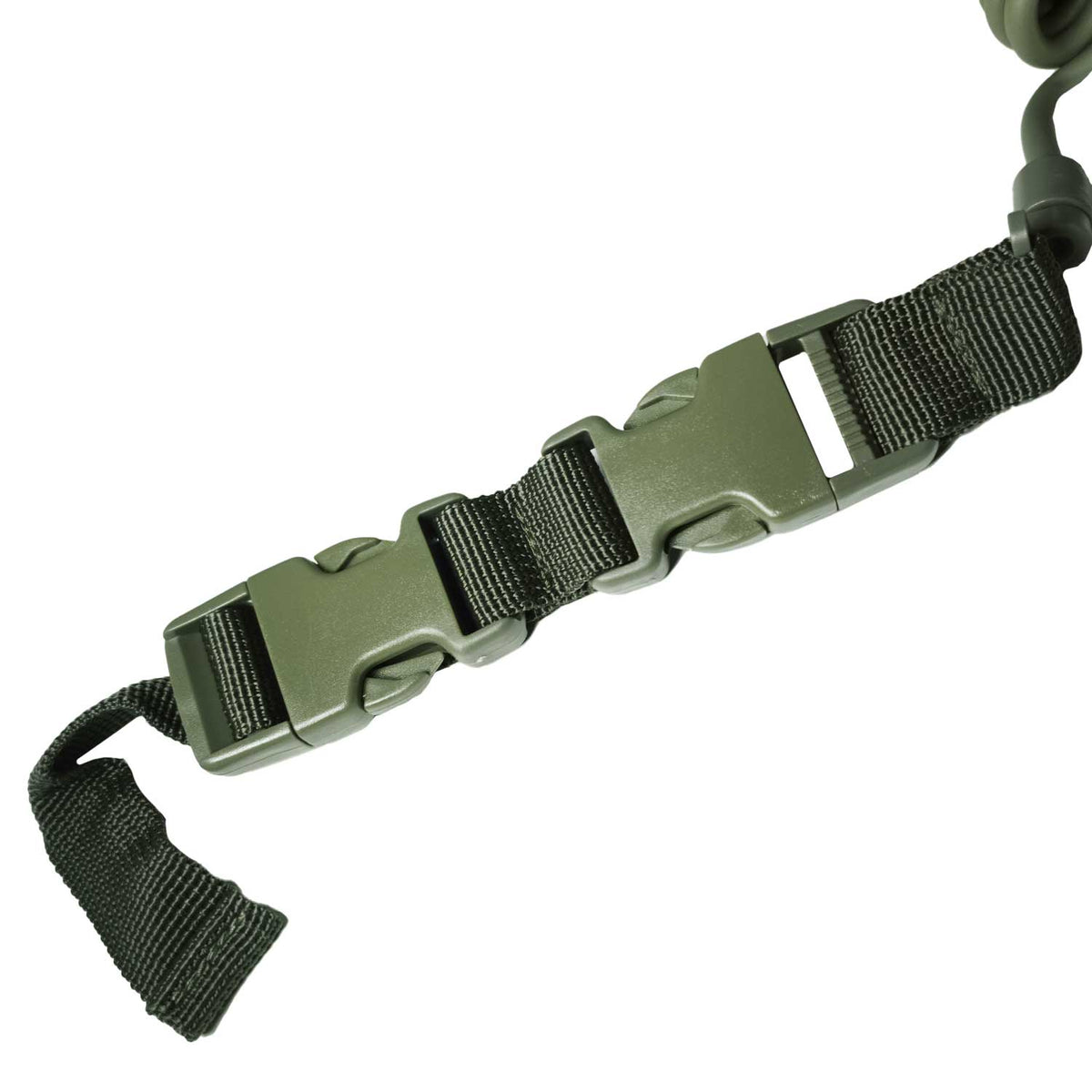 3. Se muestra RECUPERADOR DE PISTOLA OMITAC de perfil para observar el diseño de la correa elástica y sus broches.