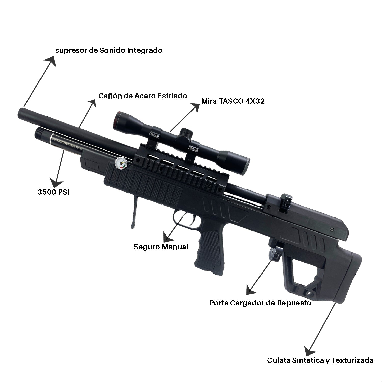 Rifle Commodore 5.5mm  pcp con accesorios