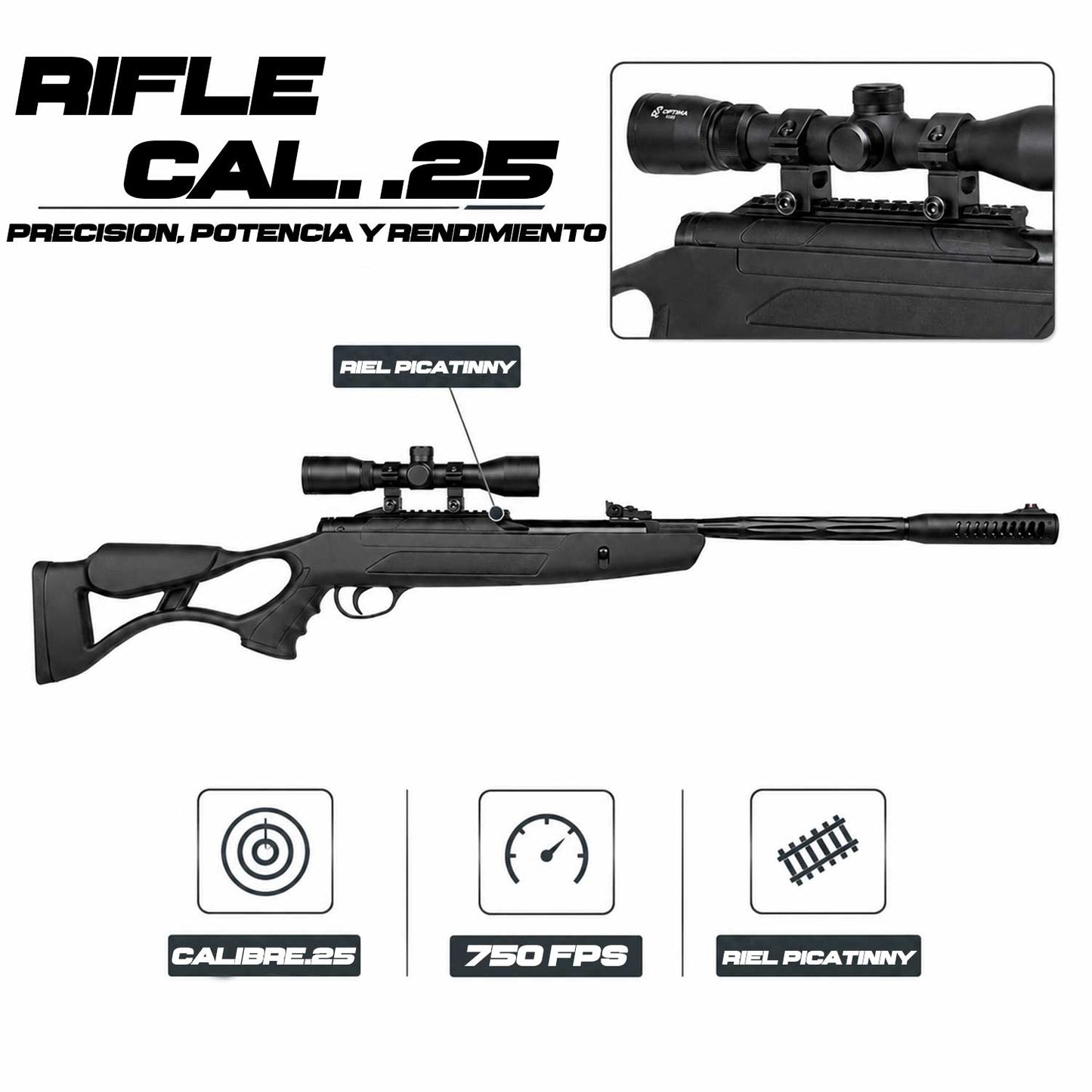 Rifle Air Tact Hatsan 6mm se muestra imagen lateral más cercana donde se aprecia la empuñadura ergonómica con textura antideslizante para mejor agarre y control.