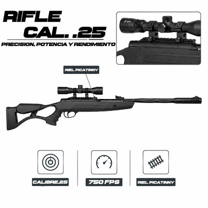 Rifle Air Tact Hatsan 6mm se muestra imagen lateral más cercana donde se aprecia la empuñadura ergonómica con textura antideslizante para mejor agarre y control.