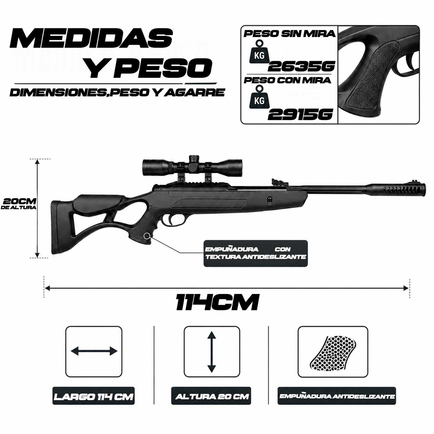 Rifle Air Tact Hatsan 6mm se muestra imagen lateral más cercana donde se aprecia la empuñadura ergonómica con textura antideslizante para mejor agarre y control.