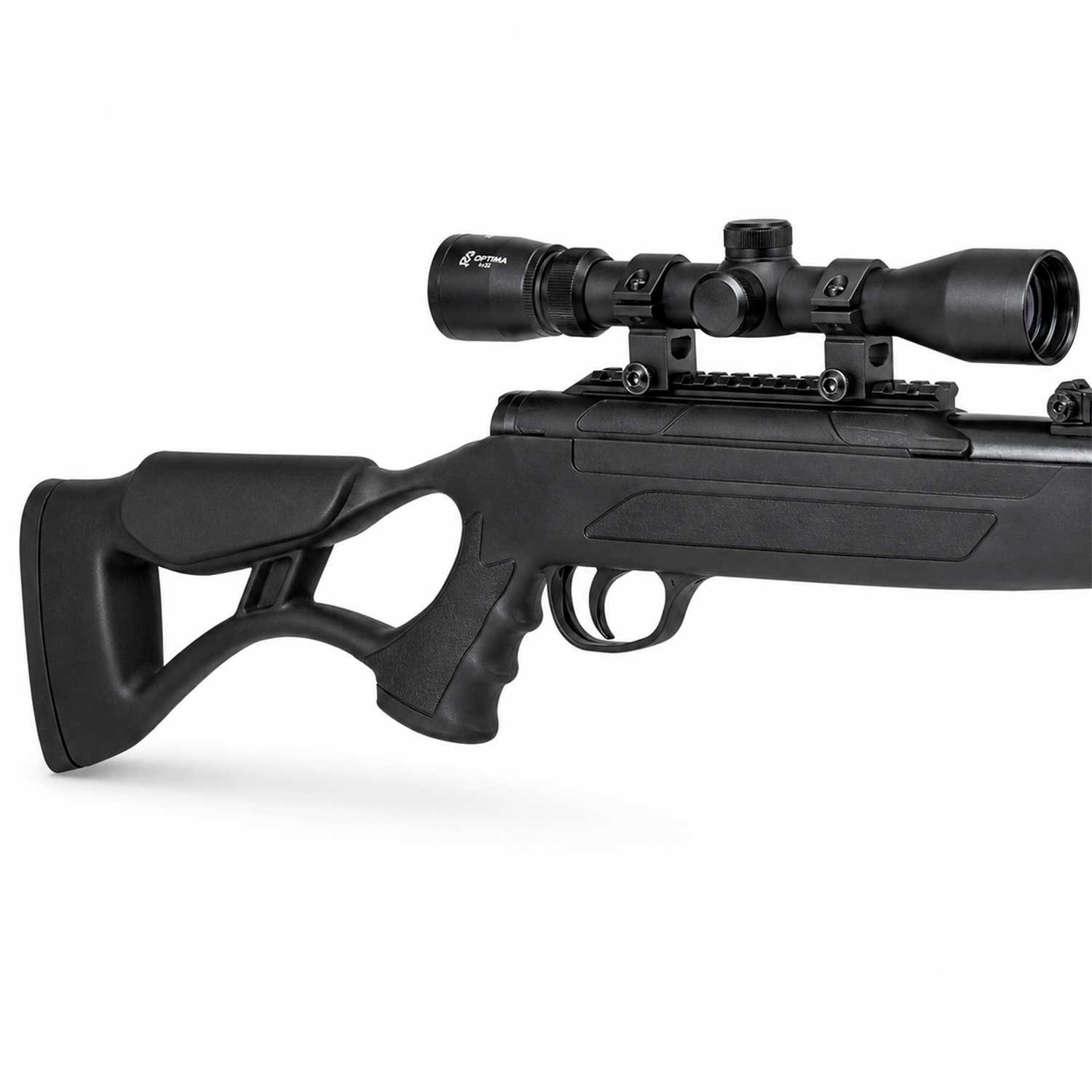 Rifle Air Tact Hatsan 6mm se muestra imagen lateral más cercana donde se aprecia la empuñadura ergonómica con textura antideslizante para mejor agarre y control.