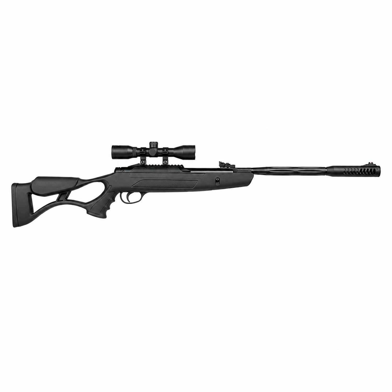 Rifle Air Tact Hatsan 6mm se muestra acercamiento del cañón y la punta frontal del rifle, apreciando su diseño alargado y acabado en color negro.