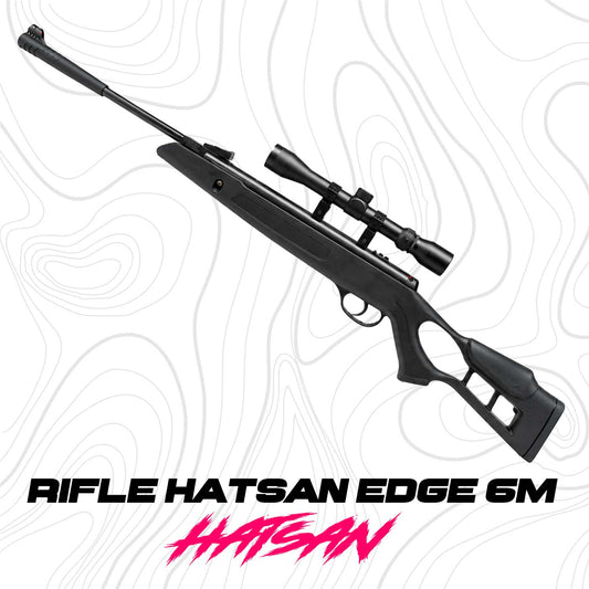 Se muestra el Rifle Hatsan Edge de forma lateral completa, apreciando todo el perfil del rifle, su culata, cañón y diseño general.