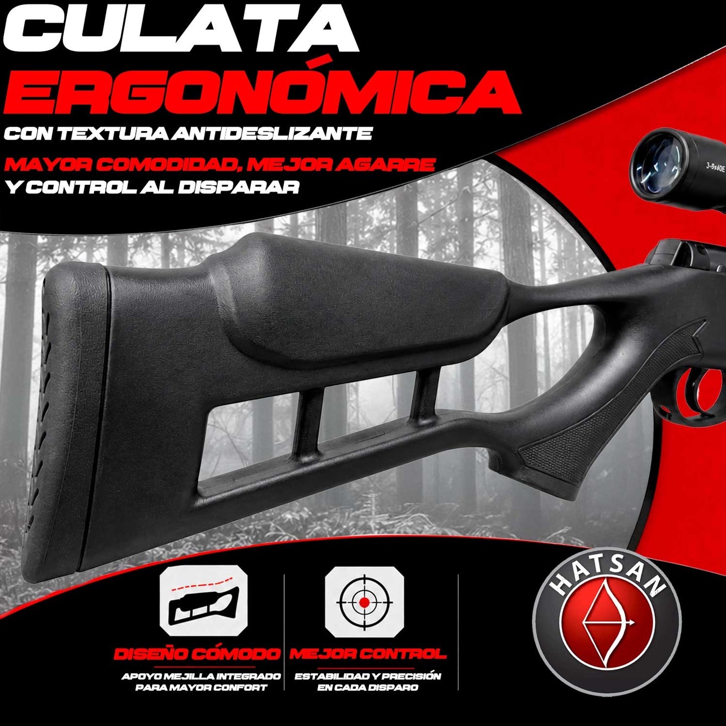 Se muestra el Rifle Hatsan Edge en vista lateral izquierda, destacando la culata ergonómica texturizada y el agarre antideslizante.