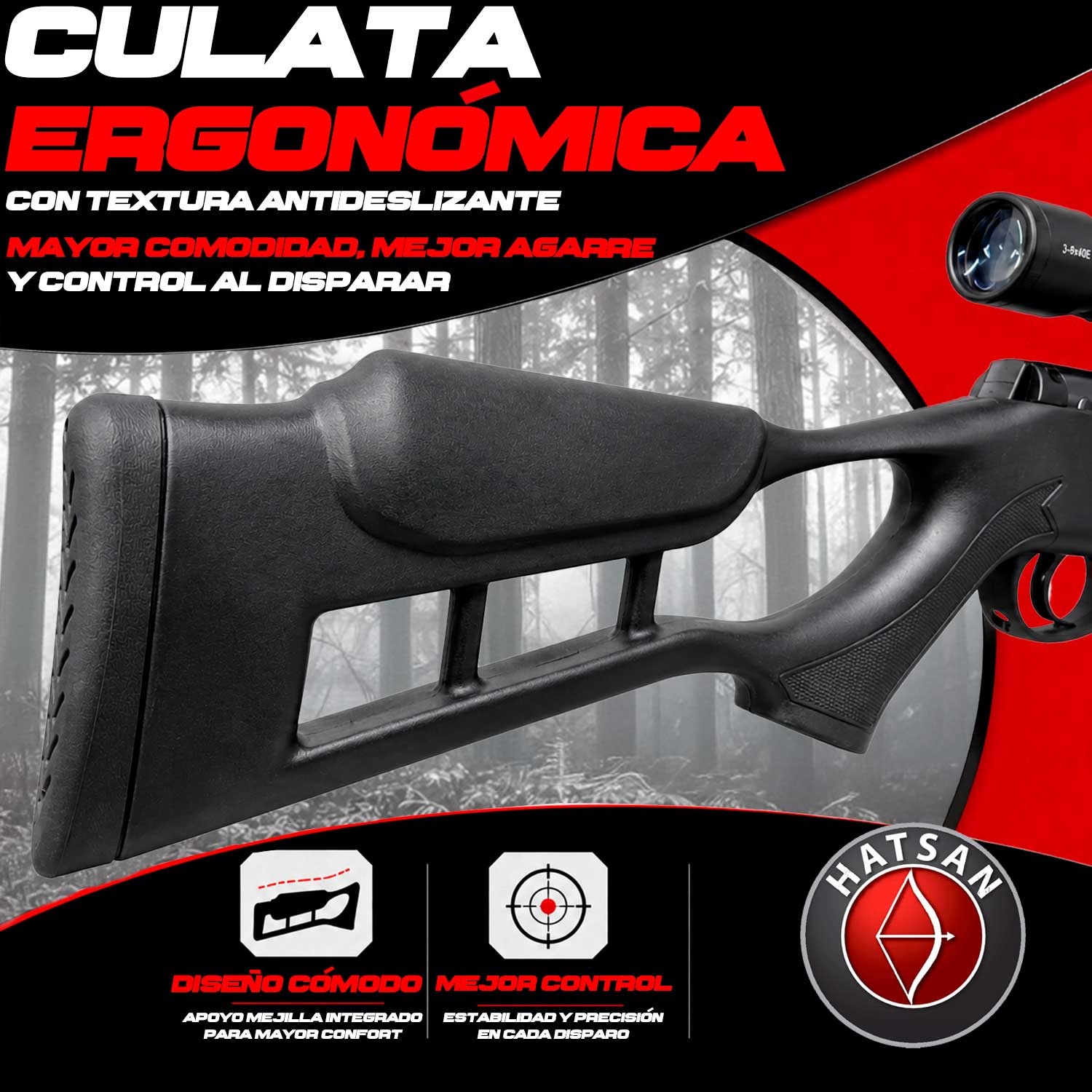 Se muestra el Rifle Hatsan Edge en vista lateral izquierda, destacando la culata ergonómica texturizada y el agarre antideslizante.