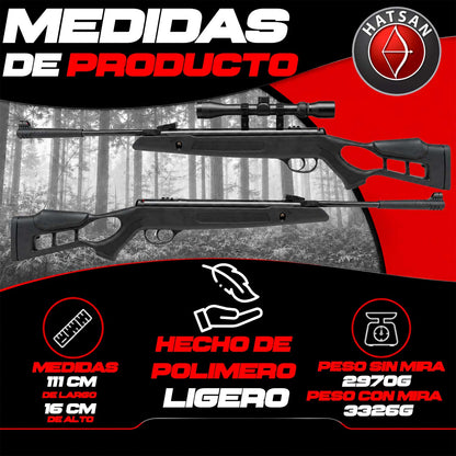 Se muestra el Rifle Hatsan Edge en una imagen de costado donde se aprecia el cuerpo de polímero y su diseño ligero y resistente.