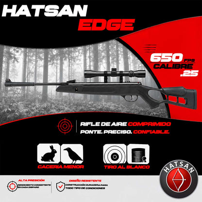 Se muestra el Rifle Hatsan Edge en un entorno de cacería menor, mostrando su presentación con mira telescópica y perfil lateral.