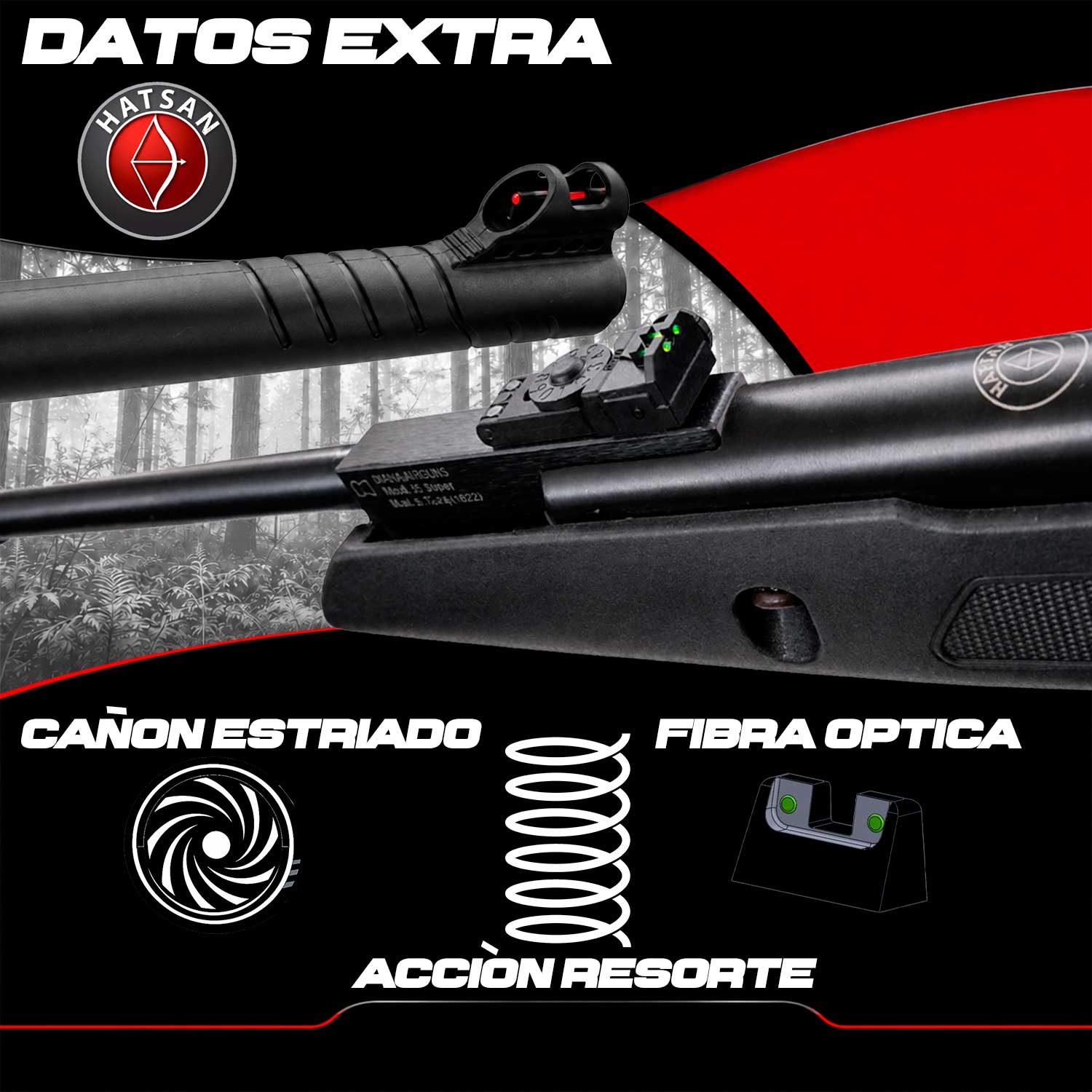 Se muestra el Rifle Hatsan Edge en una imagen tipo ficha técnica, destacando calibre .25 / 6 mm, velocidad de 650 FPS, peso, medidas, fibra óptica y mira 3-9x32.